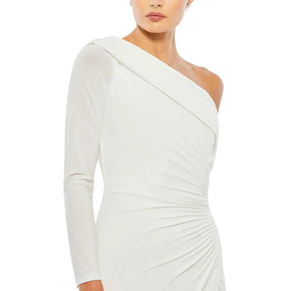 MAC DUGGAL Dress Size 14 Evening Gown White Ruched Jersey Drop Shoulder NEW - Picture 2 of 7